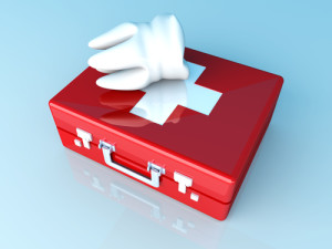 A tooth and a first aid case. 3D rendered illustration.